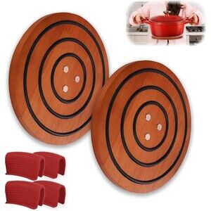 2 Piece Magnetic Wood Trivets for Iron Pans, Heat Resistant w/Handle Covers